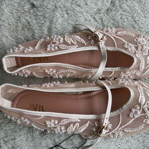 Zara Women's 11 Cream Embroidered Ballet Flats Beaded Floral Wedding Shoes